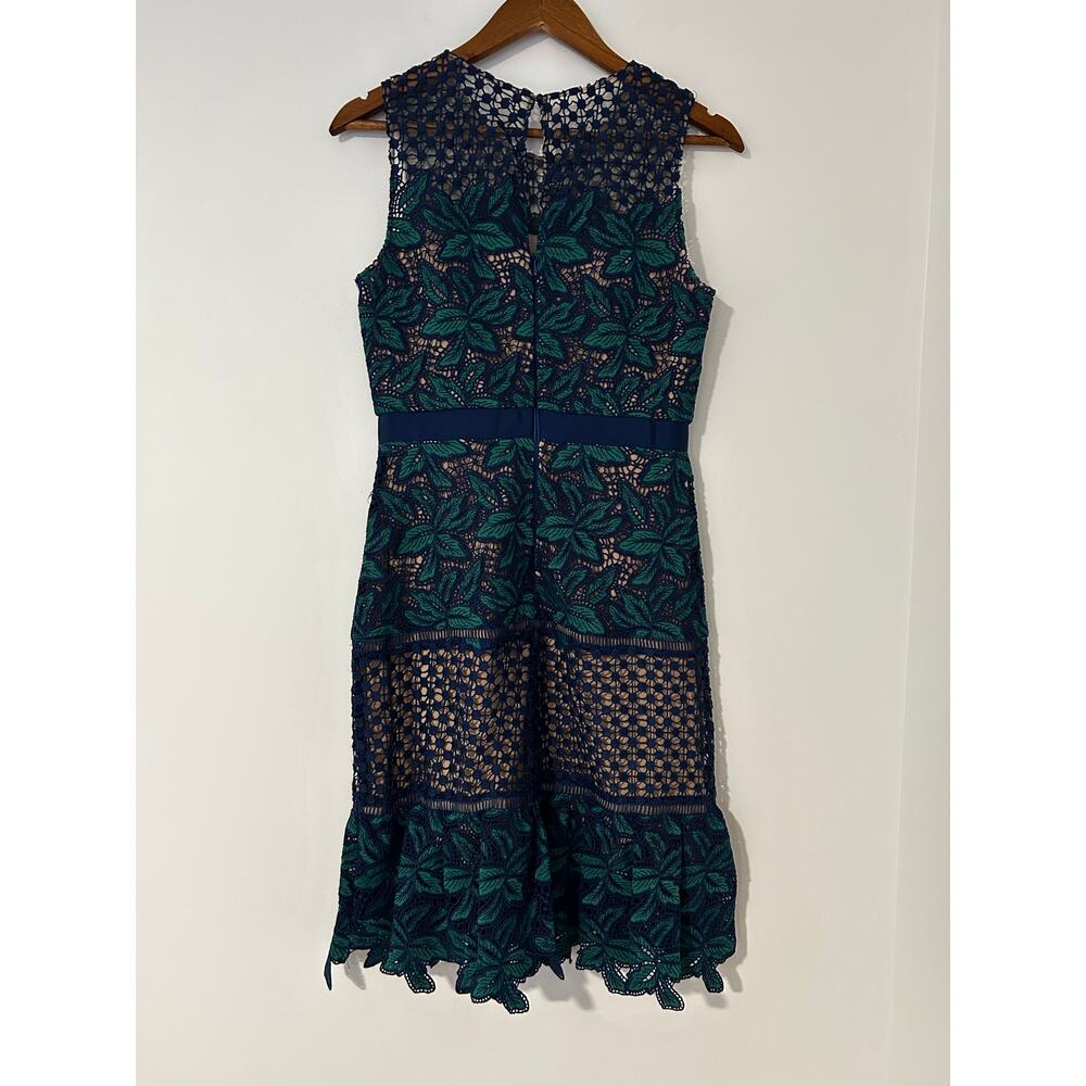 Badgley Mischka Belle by Deanndra Emerald Green Navy Blue Dress Lace A-line US 6 - Picture 7 of 10